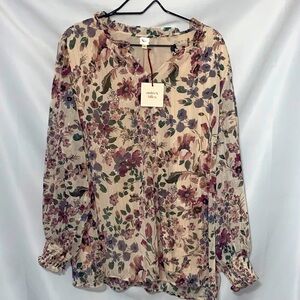 NWT AUTRES FILLES WO SIZE 2X FLORAL GOLD METALLIC THREADS LINED SHEER BLOUSE
